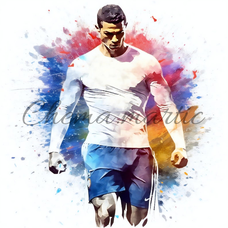May include: A watercolor painting of a soccer player wearing a white shirt and blue shorts. The player is standing in a colorful splash of paint.
