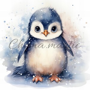 Pack 10 little penguin watercolor painting images, clipart, digital download, 10 JPG HQ 4096x4096 - 300 DPI, digital printing, animal art.
