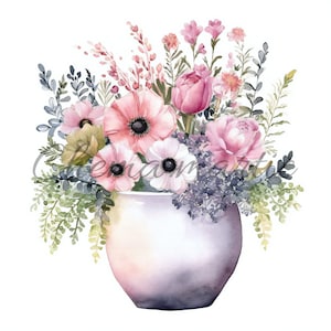 Puede incluir: Un ramo de flores rosas y blancas en un jarrón de cerámica blanco. Las flores incluyen anémones, rosas y otras flores delicadas.