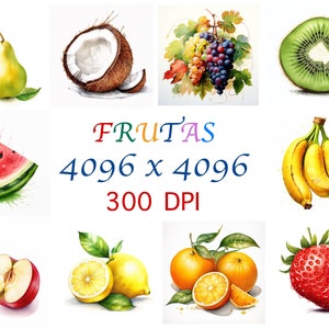 Pack 10 watercolor paintings of fruits, clipart, digital download, 10 JPG high quality 4096x4096 - 300 DPI, for digital printing.