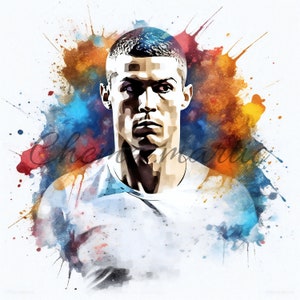 May include: A watercolor painting of a man with short dark hair. The background is a colorful abstract design with splashes of blue, orange, yellow, and red.