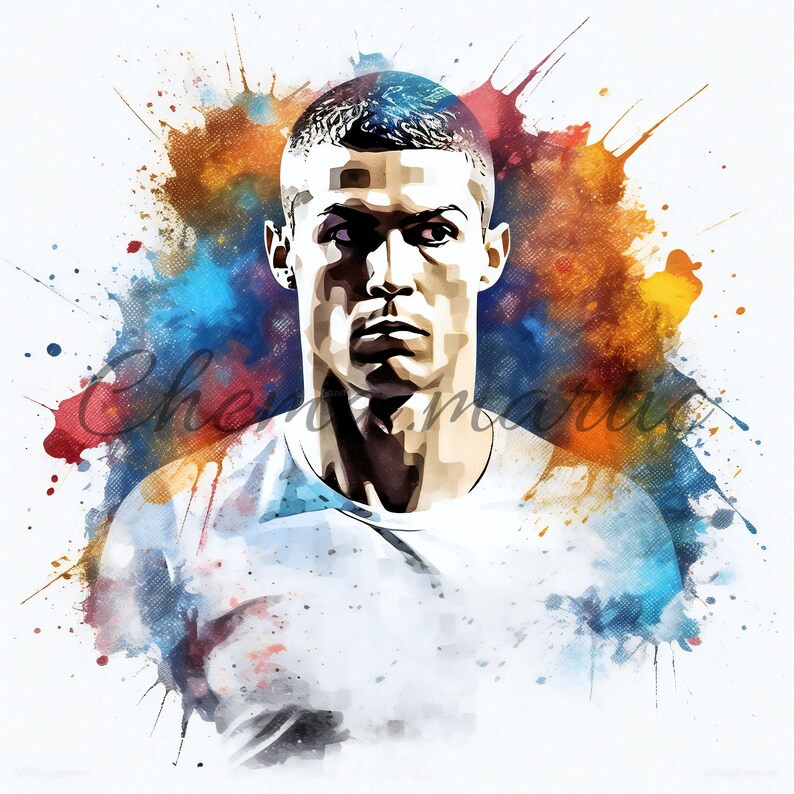 May include: A watercolor painting of a man with short dark hair. The background is a colorful abstract design with splashes of blue, orange, yellow, and red.