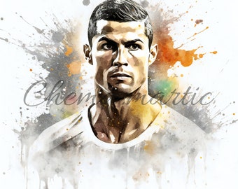 May include: A watercolour painting of a man with short dark hair. The man is wearing a white t-shirt and has a serious expression on his face. The background is a light grey with splashes of orange and yellow paint.
