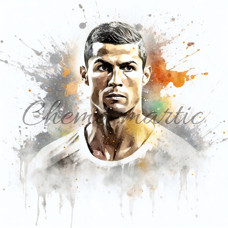 May include: A watercolor painting of a man with short dark hair. The man is wearing a white t-shirt and has a serious expression on his face. The background is a light gray with splashes of orange and yellow paint.