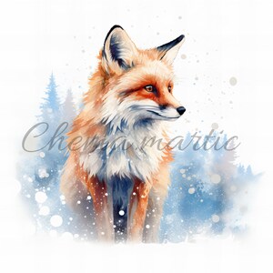 Pack 11 images de peinture artistique renard dans la neige, clipart, téléchargement numérique, 10 JPG haute qualité 4096x4096 -300 DPI, pour impression numérique.