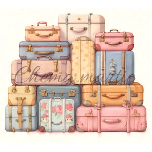 Pack 10 vintage suitcases painting images, clipart, digital download, 10 JPG HQ 4096x4096 and 4608x4096-300 DPI, for digital printing.