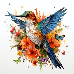 10 bunte Kolibri-Aquarellbilder, Clipart, digitaler Download, 10 JPG hohe Qualität 4096x4096 - 300 DPI, für Digitaldruck.
