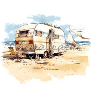pack 10 vintage caravans watercolor paintings images, clipart, digital download, 10 JPG 4096x4096 - 300 DPI, for digital printing.