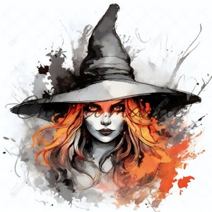 Puede incluir: Una ilustración de acuarela de una bruja con el pelo largo y rojo que fluye, usando un sombrero negro puntiagudo. El fondo es una acuarela de lavado de negro, gris y naranja.