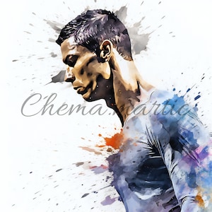 May include: A watercolor painting of a person with short dark hair, wearing a blue shirt. The background is a white canvas with splashes of orange, blue, and purple paint.