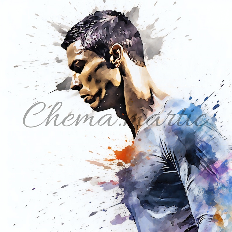 May include: A watercolor painting of a person with short dark hair, wearing a blue shirt. The background is a white canvas with splashes of orange, blue, and purple paint.