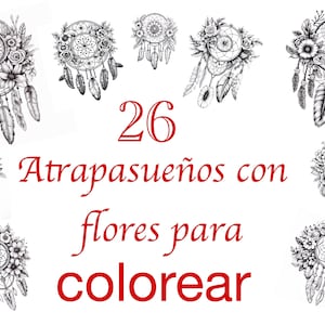 Colección 26 JPG de atrapasueños decorados con flores para colorear, para adultos y niños, 4096x4096 - 300 DPI, para impresión digital,