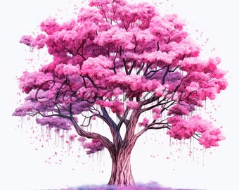 May include: A large pink tree with long, flowing branches and pink blossoms. The tree is set against a white background.