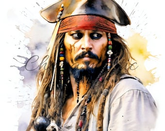 Pack 10 watercolor images Pirates of the Caribbean Jack Sparrow, clipart, digital download, 10 JPG HQ 4096x4096 - 300 DPI, digital printing.