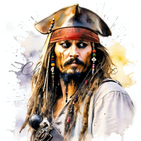 Pack 10 watercolor images Pirates of the Caribbean Jack Sparrow, clipart, digital download, 10 JPG HQ 4096x4096 - 300 DPI, digital printing.