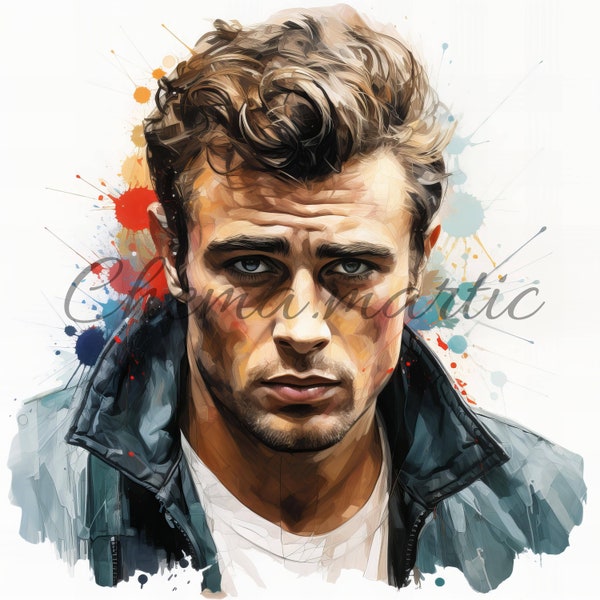 Pack 10 James Dean watercolor painting images, clipart, digital download, 10 JPG HQ 4096x4096 - 300 DPI, digital printing, Hollywoood artist