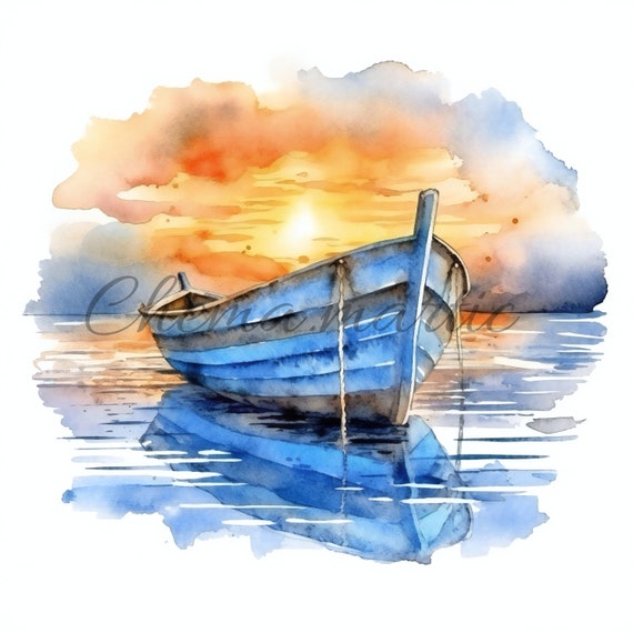 Pack 10 Images of Boat and Sunset Watercolor Painting, Clipart