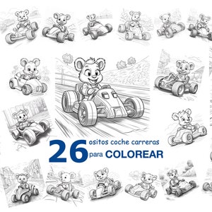Collection 26 images racing car bears to color, children's art, 10 JPG high quality 4096x4096 - 300 DPI, digital printing.