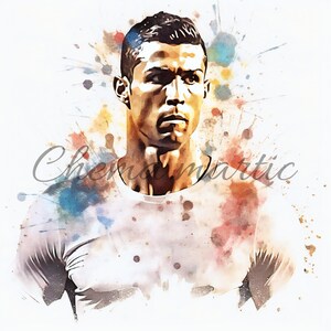 May include: A watercolor painting of a man with short dark hair. The man is wearing a white t-shirt and has a serious expression on his face. The background is a colorful watercolor wash.