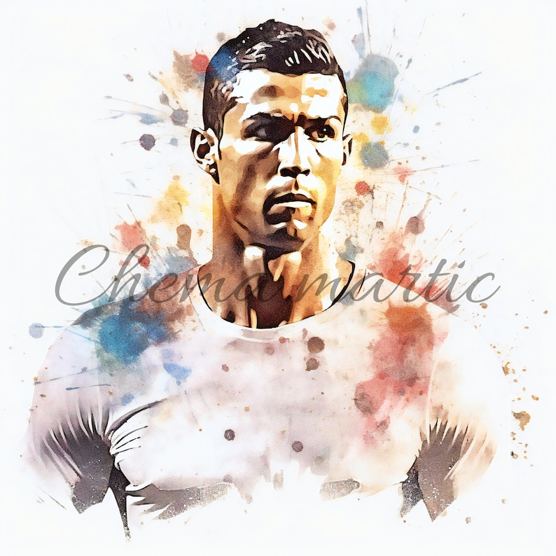 May include: A watercolor painting of a man with short dark hair. The man is wearing a white t-shirt and has a serious expression on his face. The background is a colorful watercolor wash.