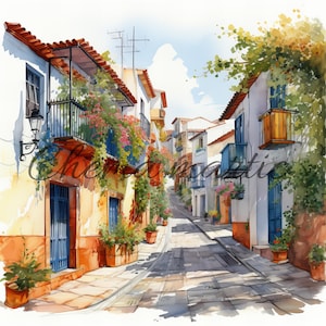 Pack 10 images de peinture à l'aquarelle de rue de ville d'Europe, clipart, téléchargement numérique, 10 JPG haute qualité 4096x4096 - 300 DPI, impression numérique.