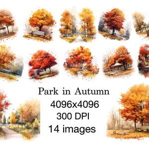 Pack 14 park in Autumn watercolor painting images, clipart, digital download, 14 JPG High Quality 4096x4096 -300 DPI, for digital printing.