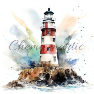 pack 10 lighthouses with rough seas watercolor painting images, clipart, digital download, 10 JPG HQ4096x4096-300 DPI, for digital printing.