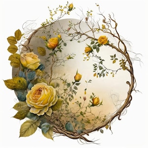 Puede incluir: Una corona circular de ramas entrelazadas con rosas amarillas y hojas. La corona está colocada sobre un fondo marrón claro.