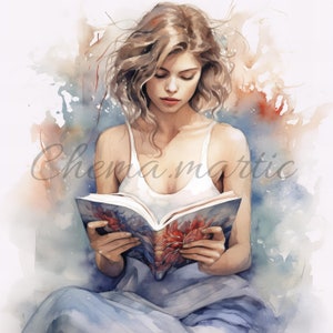 Pack 10 girl reading book artistic painting images, clipart, digital download, 10 JPG High Quality 4096x4096 -300 DPI, for digital printing.