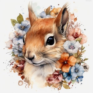 Pode incluir: Uma pintura em aquarela de um esquilo marrom com um rosto branco e marrom. O esquilo está rodeado por uma variedade de flores em tons de azul, rosa e laranja.