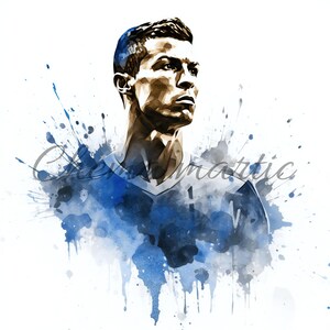 May include: A watercolor painting of a soccer player in a blue jersey with white accents. The player is looking to the right and has a determined expression on his face. The background is a blue and white watercolor wash.