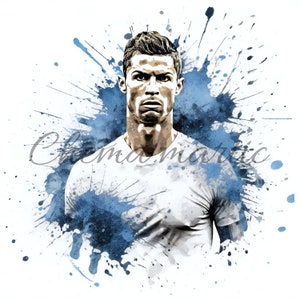 May include: A watercolor painting of a man wearing a white t-shirt with blue paint splatters in the background.