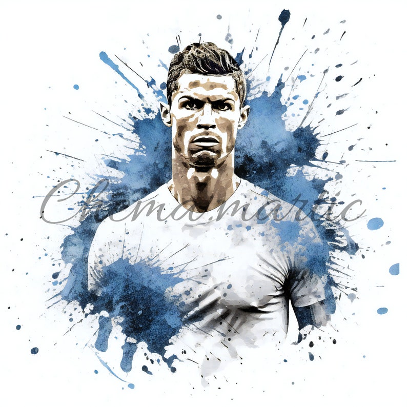 May include: A watercolor painting of a man wearing a white t-shirt with blue paint splatters in the background.