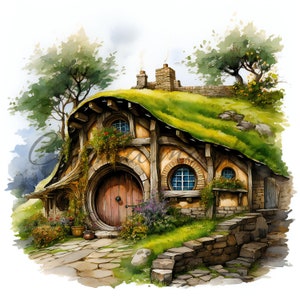 opakowanie 10 Hobbitów domy akwarele obrazy, clipart, pobieranie cyfrowe, 10 JPG wysokiej jakości 4096x4096-300 DPI, do druku cyfrowego