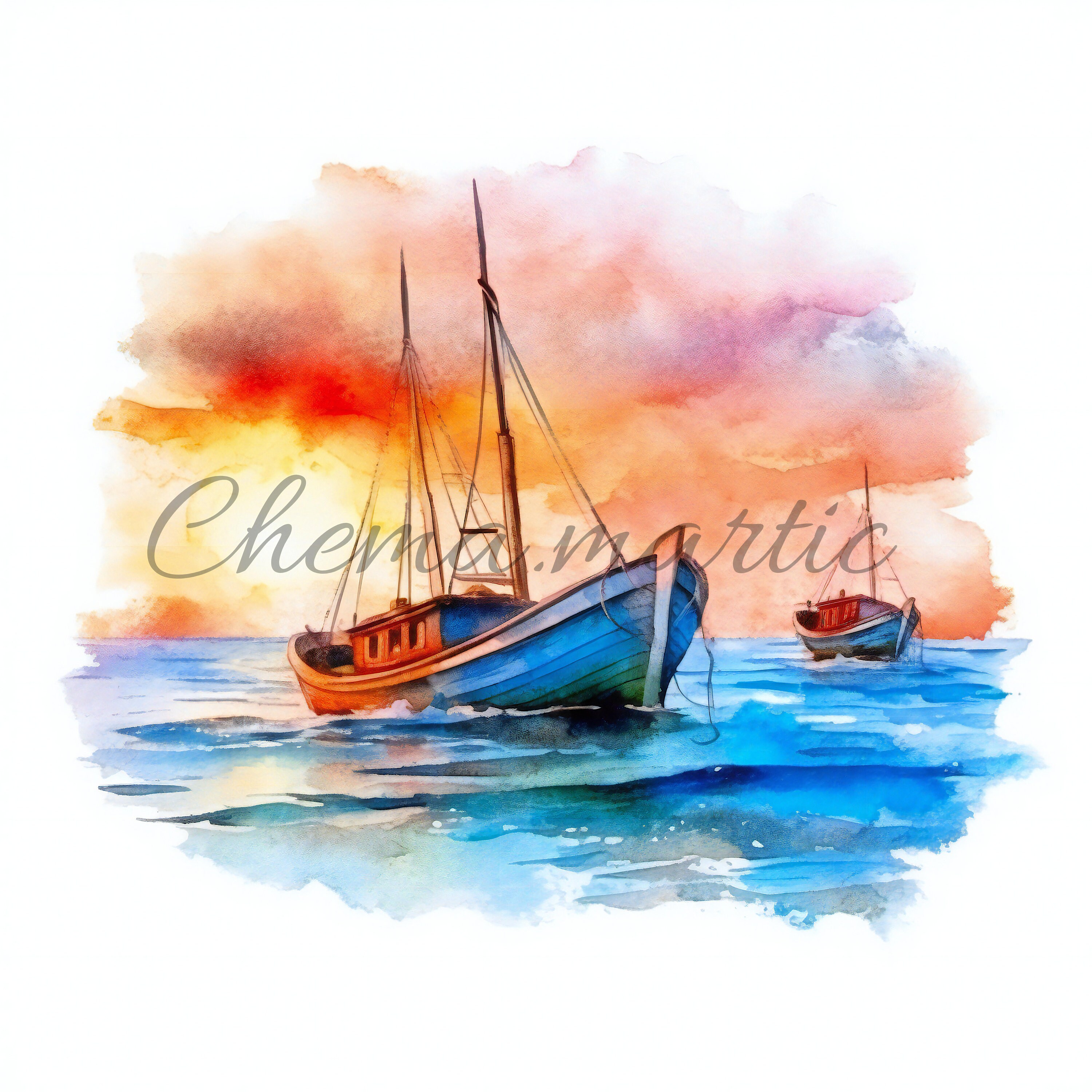 Pack 10 Images of Boat and Sunset Watercolor Painting, Clipart