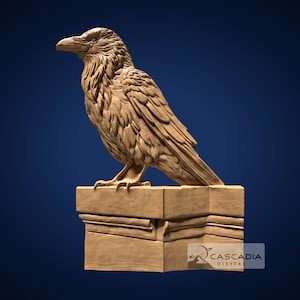 Peut inclure: Une sculpture en bois d'un corbeau perché sur une base en bois. Le corbeau est détaillé avec des plumes et a une apparence réaliste. La base est une simple forme rectangulaire avec une surface lisse.