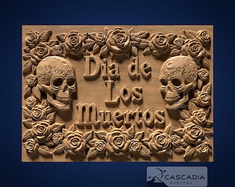 May include: A wooden sign with the text "Dia de Los Muertos" carved into it. The sign is decorated with a floral border and two sugar skulls.
