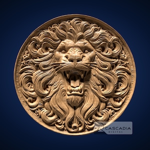 ライオンヘッド ラウンド 3D STL ファイル、CNC ルーター、3D プリント、鋳造、木彫り彫刻 3D レリーフ 動物 野生動物 自然 コイン コースター 1415