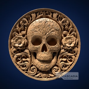 Calavera, flores, redondo, archivo STL 3D para enrutador CNC, impresión 3D, fundición, tallado en madera, grabado en relieve 3D, Día de los Muertos, Halloween 1376