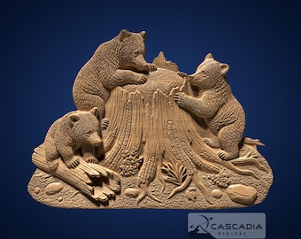 Bear Cubs Tree Stump - STL Model for CNC Router and 3D Printing