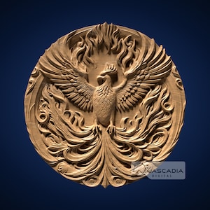 Phoenix Round 3D STL File for CNC Router, 3D Print, Casting, Wood Carving Engraving 3D Relief Mythical animal bird coaster coin 1253