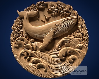 Whale Round 3D STL File for CNC Router, 3D Print, Casting, Wood Carving Engraving 3D Relief Coaster coin Animal wildlife ocean marine 1284