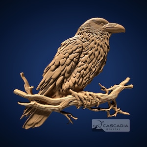 Peut inclure: Une sculpture en bois détaillée d'un corbeau perché sur une branche. Le corbeau est représenté avec des plumes complexes et une pose réaliste. La sculpture est un bel exemple d'art du travail du bois.
