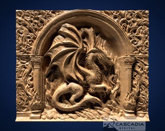 May include: A wooden carving of a dragon emerging from a stone archway. The dragon is detailed with scales and wings, and the archway is decorated with intricate carvings.