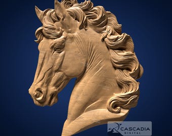 May include: A detailed wooden carving of a horse's head, with a flowing mane and a realistic expression. The carving is a light brown color and has a smooth, polished finish.