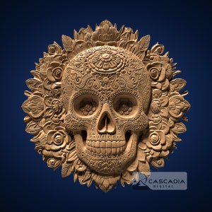 Calavera con flores redondas, archivo STL 3D para fresadora CNC, impresión 3D, fundición, tallado en madera, grabado en relieve 3D, Día de Muertos, Halloween 1377