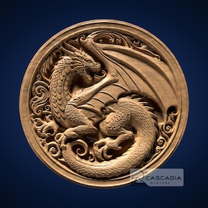 May include: A detailed wooden carving of a dragon with its wings spread out. The dragon is curled around itself and has a fierce expression on its face. The carving is set against a circular background with intricate floral designs.
