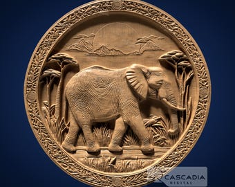 Elephant Scene Round - STL Model for CNC Router and 3D Printing