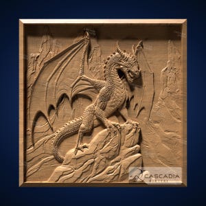 May include: A detailed wooden carving of a dragon perched on a rocky outcrop, with mountains in the background. The dragon has large wings and a textured body. The carving is set within a wooden frame.