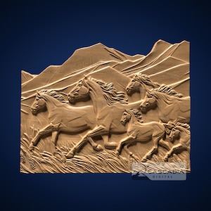 May include: A wooden carving depicting a herd of horses galloping across a mountainous landscape. The horses are carved in a realistic style, with detailed features and flowing manes. The carving is a fine example of woodworking artistry.